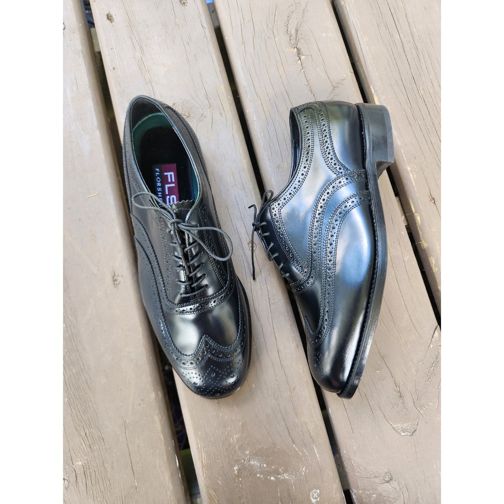 Vintage 80s Florsheim Wingtip Oxfords Black Leather Brogue Dress Shoes 8 3E Wide